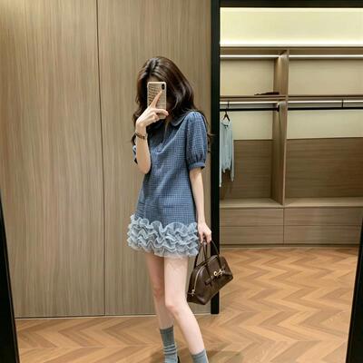 Leathercat格纹衬衫裙女时尚网纱拼接小众设计感绝美不撞款连衣裙