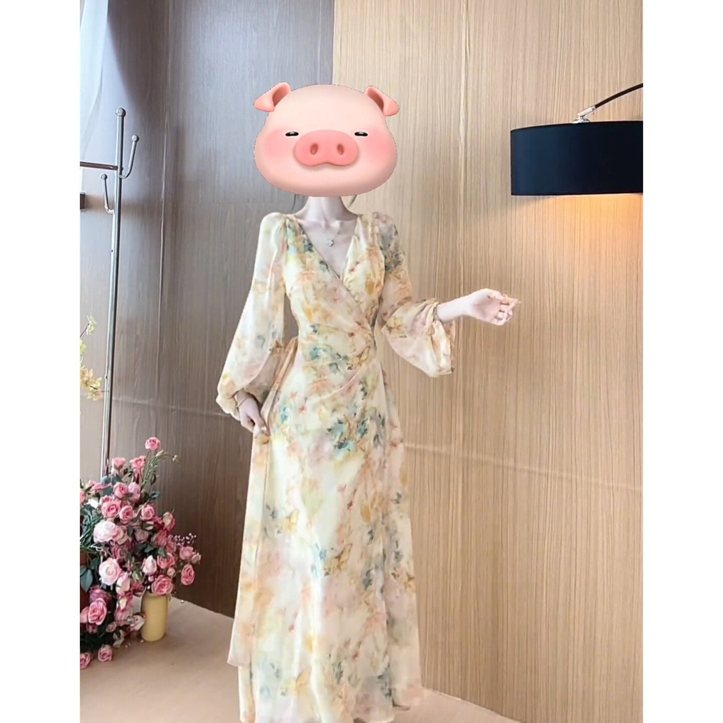 The Fold法式气质黄色领碎花连衣裙子女夏季收腰显瘦温柔度假风雪
