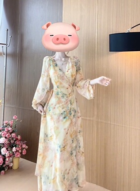 The Fold法式气质黄色领碎花连衣裙子女夏季收腰显瘦温柔度假风雪