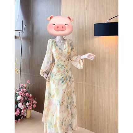The Fold法式气质黄色领碎花连衣裙子女夏季收腰显瘦温柔度假风雪