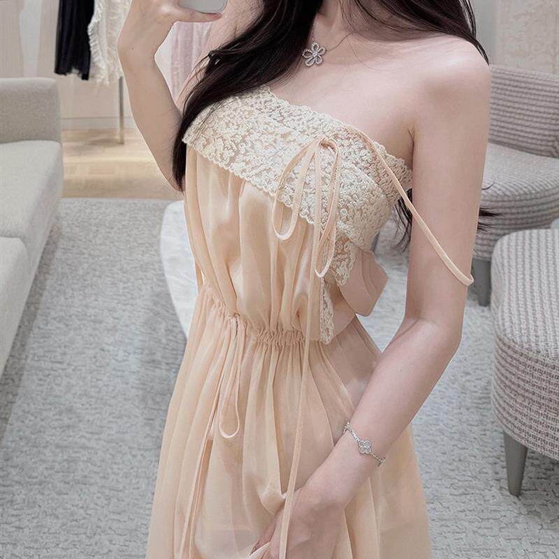 蕾丝系 双色长裙/女神感连衣裙 肩带和腰部都可调节