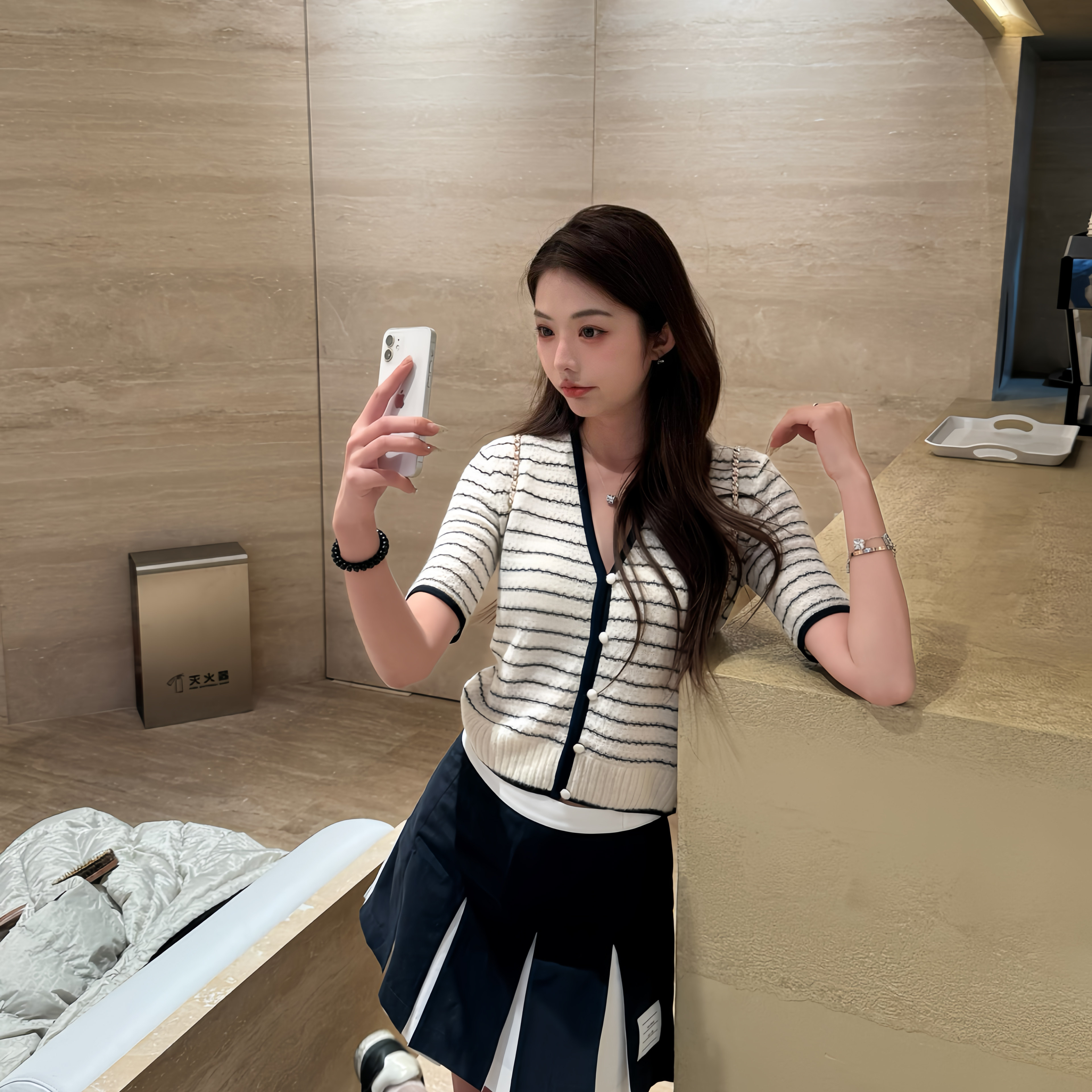 Ddun蓝白条纹短款毛衣针织开衫女春夏季新款内搭上衣打底衫
