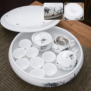 潮汕功夫茶 茶具套装 白色玉瓷青花瓷 整套带圆形陶瓷茶盘家用