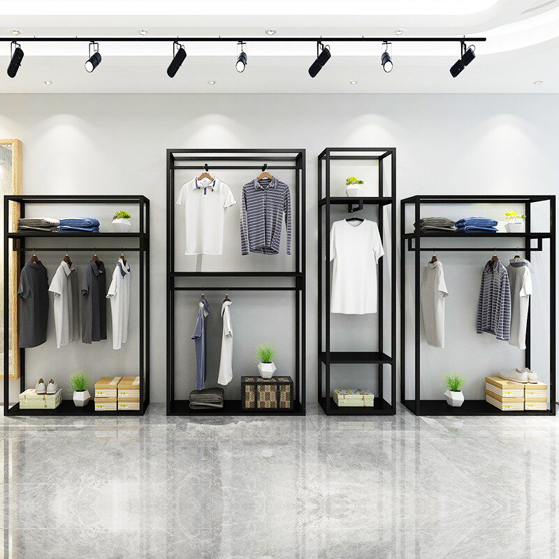力洲服装店货架男装展示架落地式铁艺双层侧挂架店铺装修中岛架子