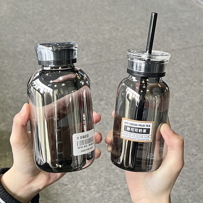 简约玻璃水杯女生高颜值便携带吸管水瓶男士泡茶耐高温户外牛奶杯