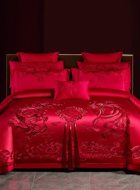 120支长绒棉婚庆四件套全棉y刺绣大红色婚房龙凤结婚床上用品4