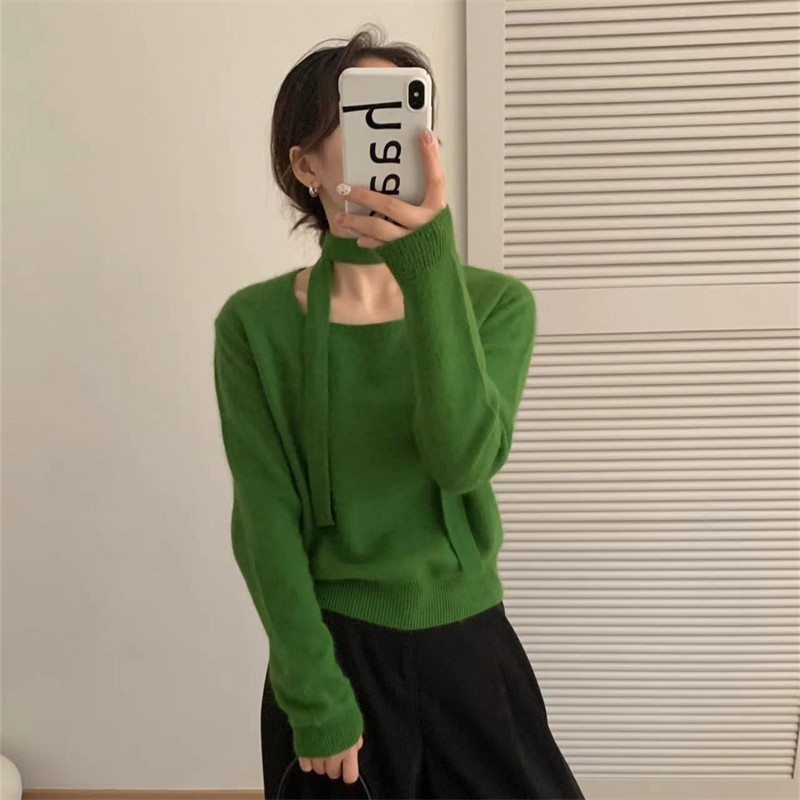 韩系气质浣熊绒方领飘带套头毛衣女秋G季温柔松弛感软糯毛茸茸打