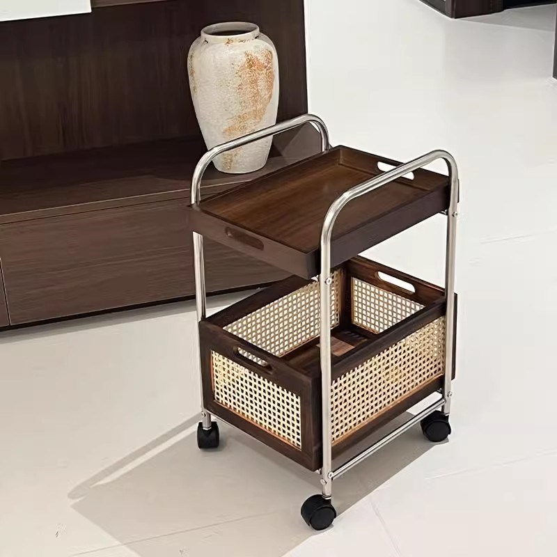 小推车中古边g几实木客厅沙发边柜置物柜高级可移动茶水架角几藤