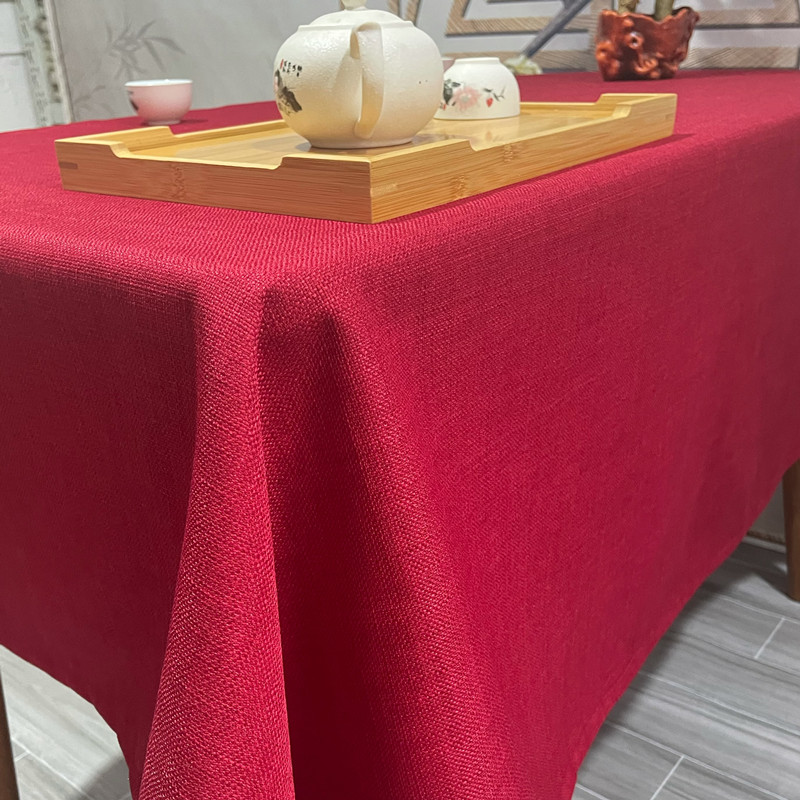 结婚红色桌布长方形喜庆婚庆订婚纯色棉麻中式餐桌布方桌茶几布艺