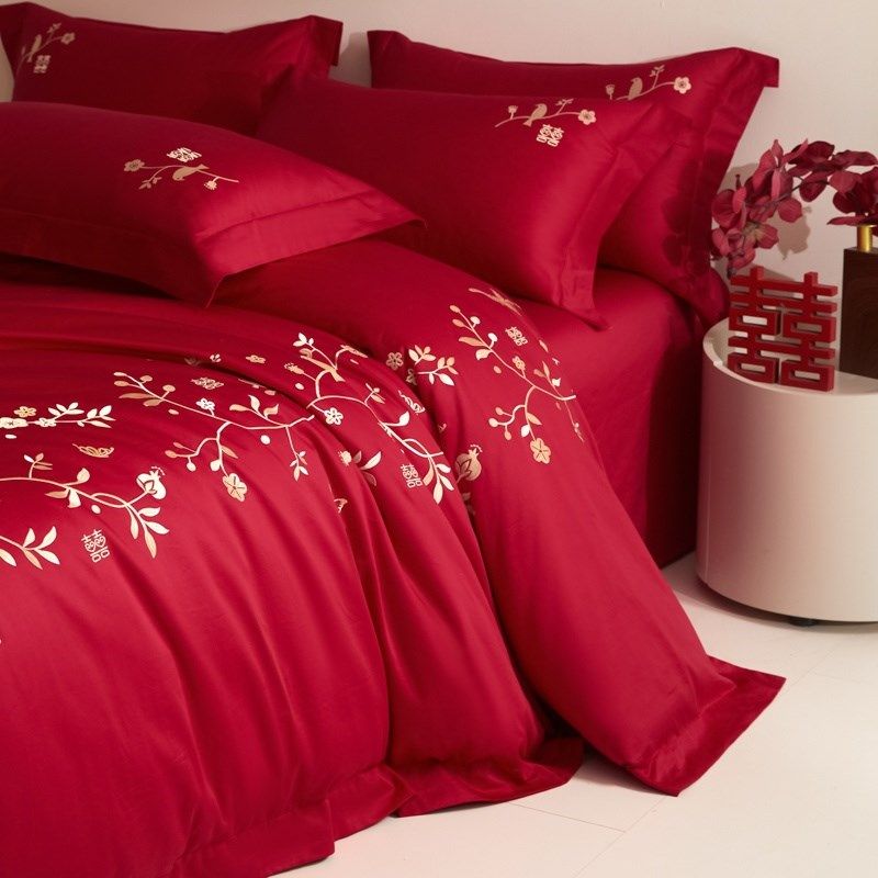 中式全棉简约结婚四o件套大红色新婚陪嫁被套婚庆床上用品婚房,床上用品,婚庆床品套件,淘宝优惠券,粉丝福利购,淘宝优惠卷