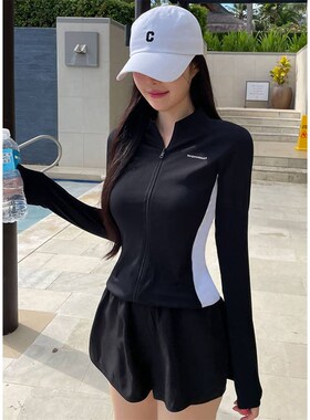 2025新款黑色长袖分体s平角泳衣女小胸保守度假学生遮肚显瘦泡温