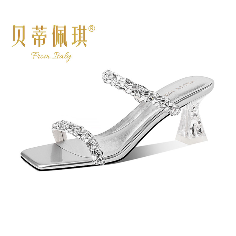 水晶高跟一字带露趾拖鞋女2025年夏季新款方头粗跟外X穿水钻凉拖,女鞋,一字拖,淘宝优惠券,粉丝福利购,淘宝优惠卷
