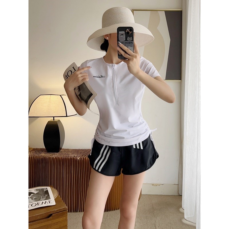 运动风分体泳衣女2025新款w宽松保守遮肚显瘦温泉度假游泳衣三件