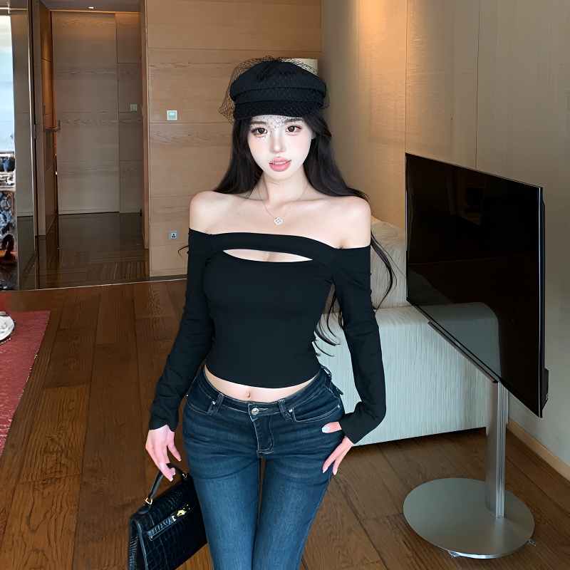 纯欲风一字肩小心机镂空短款打底衫甜美性感露背显瘦纯色长袖上衣