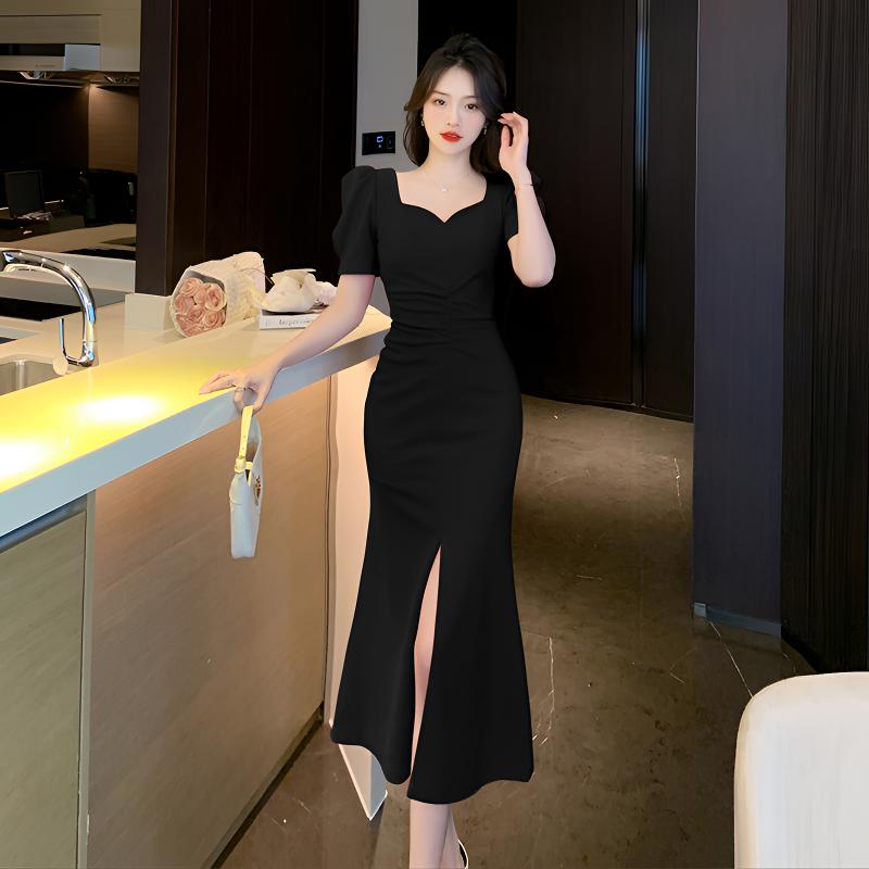 法式泡泡袖方领连衣裙女夏季轻熟风名媛气质小个子开叉包臂长裙子
