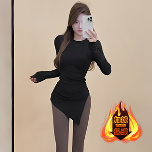 春秋冬季纯欲风中长款不规则加绒打底衫女辣妹设计感修身显瘦上衣