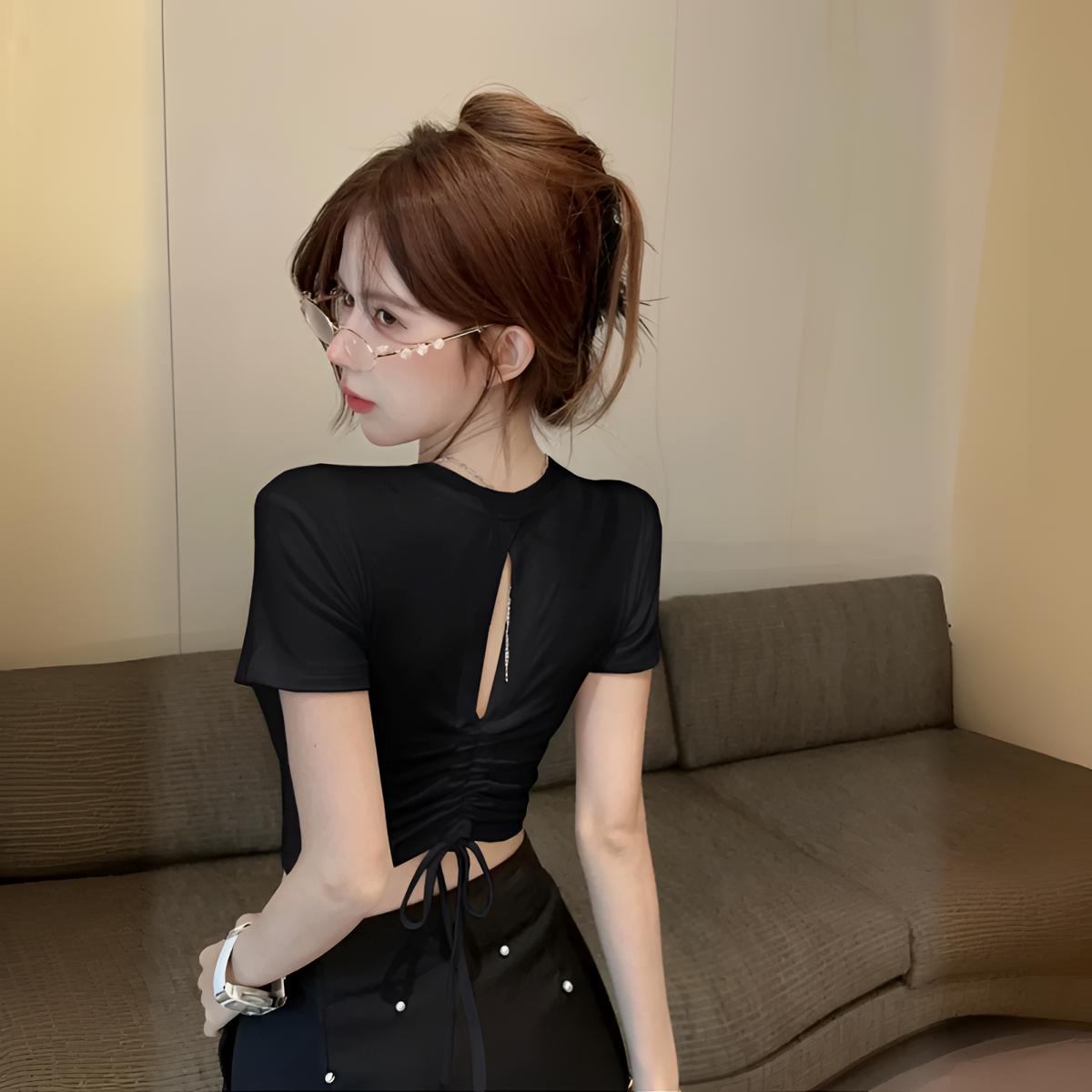 后背镂空抽绳短袖t恤女夏纯欲甜辣妹性感露背短款小上衣别致绝美