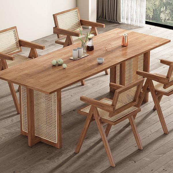 北欧实木餐桌椅组合家用简约小户型藤编吃饭桌子餐厅民宿长方形桌