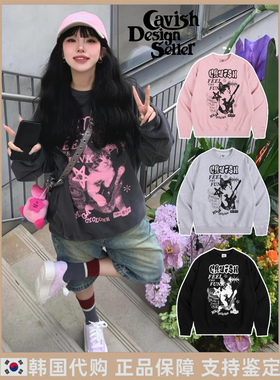 韩国潮牌Cavish卫衣女圆领宽松纯棉长袖吉他猫咪秋冬男女情侣上衣