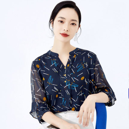 娜家商场同款上衣V领短袖时尚蕾丝衫通勤衬衫女式宽松中年妈妈装