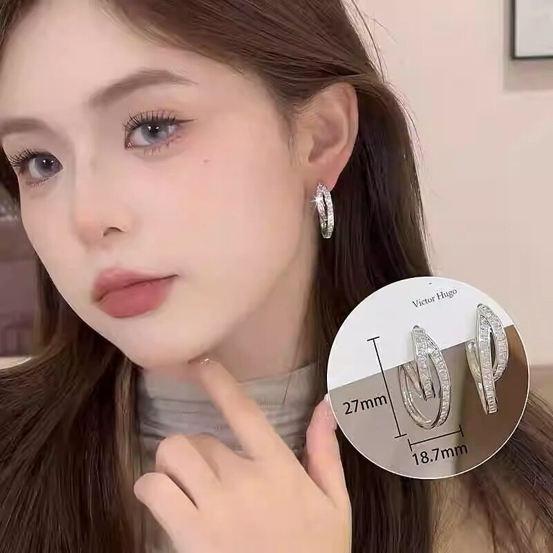 银色交叉圈圈耳圈耳扣耳钉耳环2025新款爆款女人味圆脸适合的耳饰
