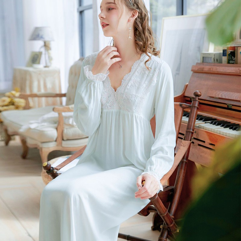 复古宫廷风女纯棉蕾丝长袖加超长睡裙连衣裙高腰线显腿长纯色睡衣