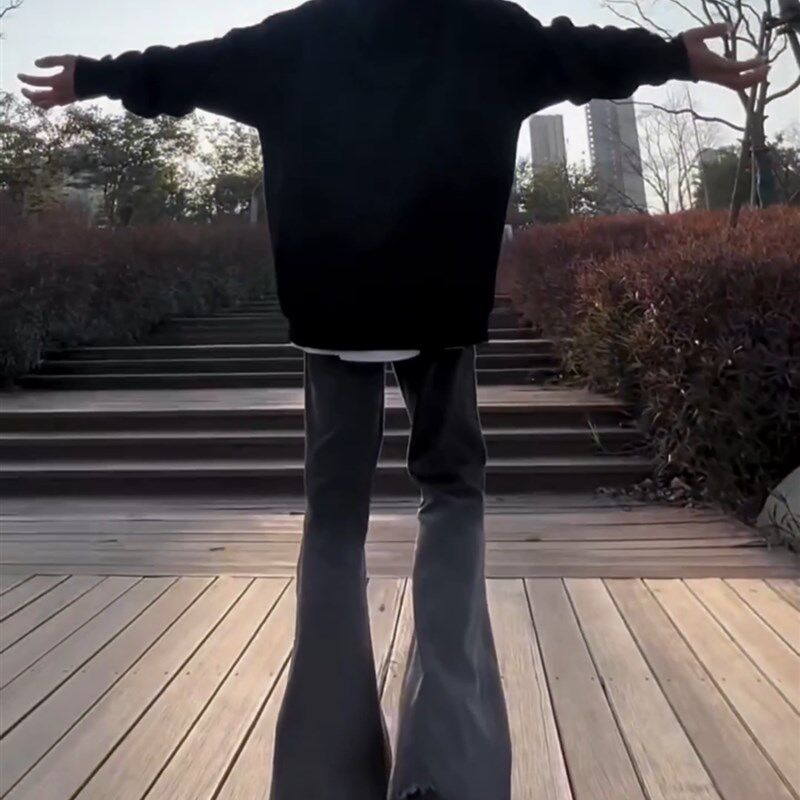 美式复古高街渐变色微喇叭牛仔裤男女设计感小众宽松显瘦拖地长裤