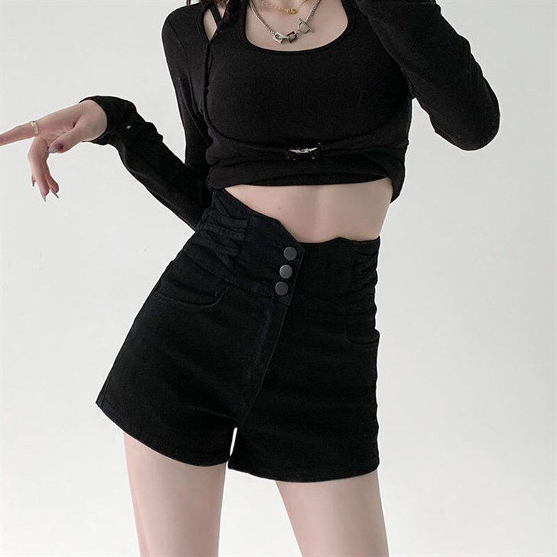 黑色高腰牛仔短裤女夏季2022新款大码胖mm设计感显瘦辣妹a字热裤