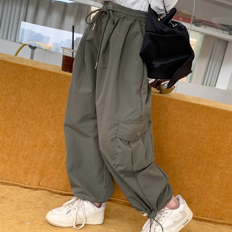 儿童美式辣妹降落伞工装裤2023夏季女童宽松复古抽绳速干束脚长裤