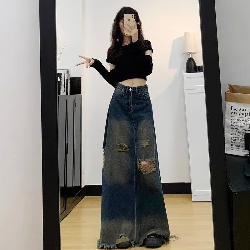 港风复古高腰半身裙女春季百搭显瘦过膝长裙小众重工破洞牛仔裙子