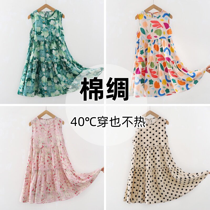 海边度假亲子款无袖女童连衣裙儿童长裙宝宝裙子棉绸夏装人造棉