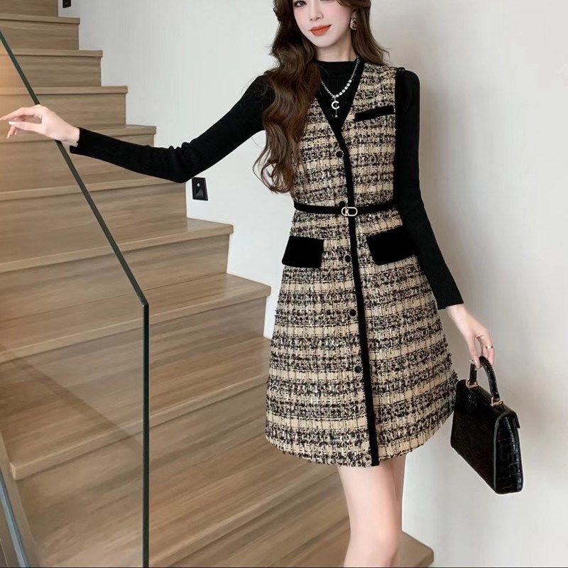 时尚半高领针织套装裙女秋冬季单排扣腰带粗花呢背心连衣裙两件套,女装/女士精品,时尚套装,淘宝优惠券,粉丝福利购,淘宝优惠卷