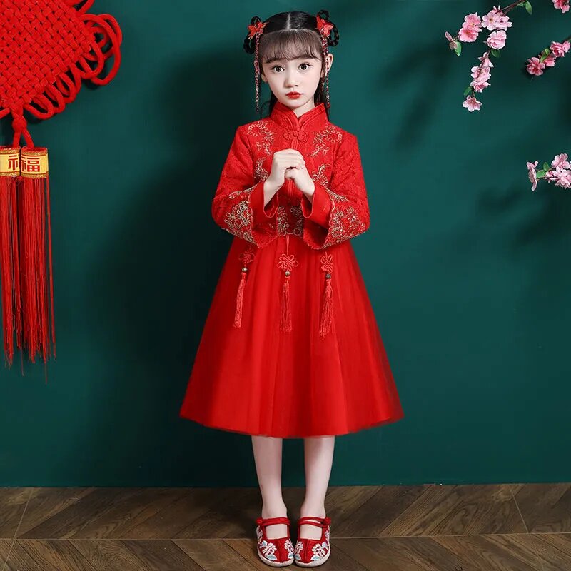 女童中国风唐装汉服冬季加绒红色新年装儿童女古装盘扣纱裙演出服