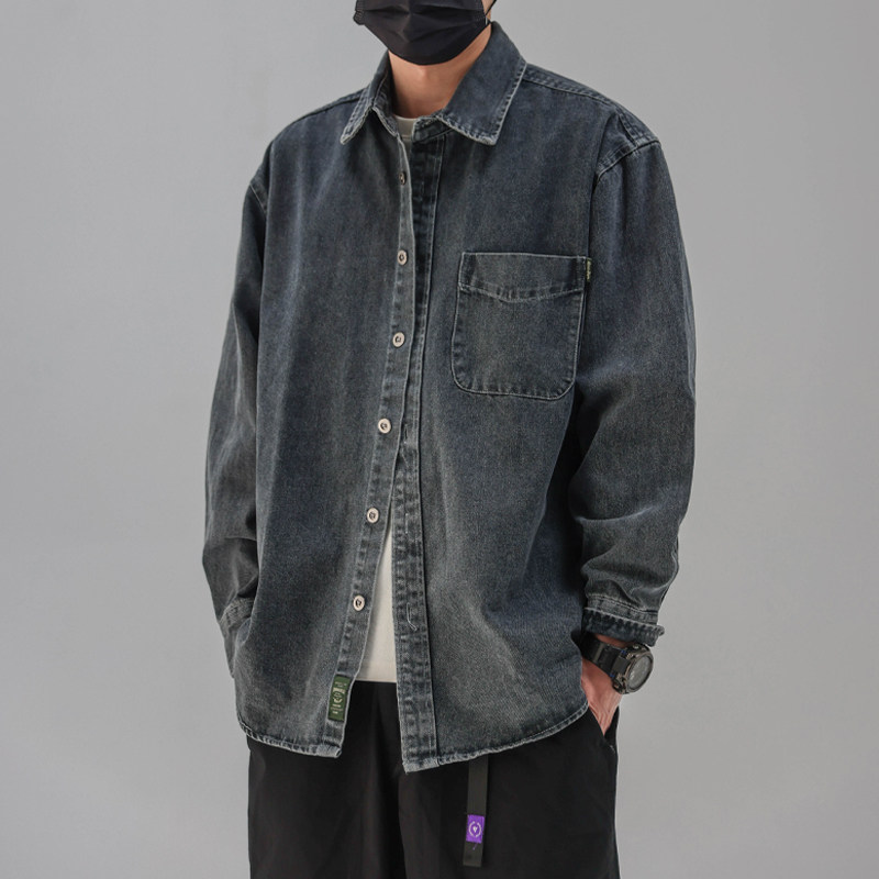 新款春秋水洗男士牛仔衬衫长袖日系复古工装衬衣宽松情侣灰色外套