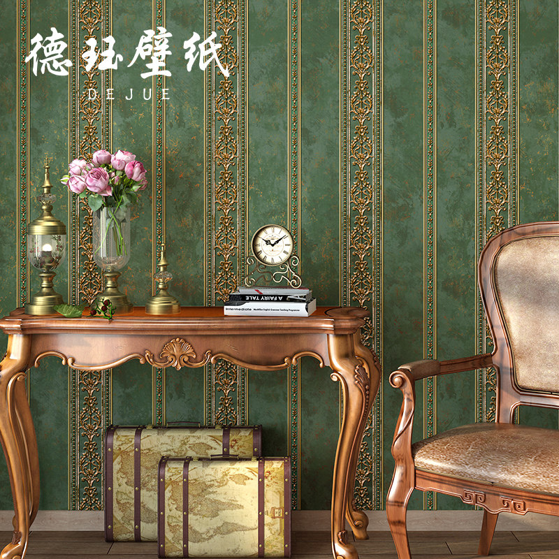 欧式3D无纺布墙纸法q式轻奢卧室奢华客厅背景条纹壁纸美式复古绿
