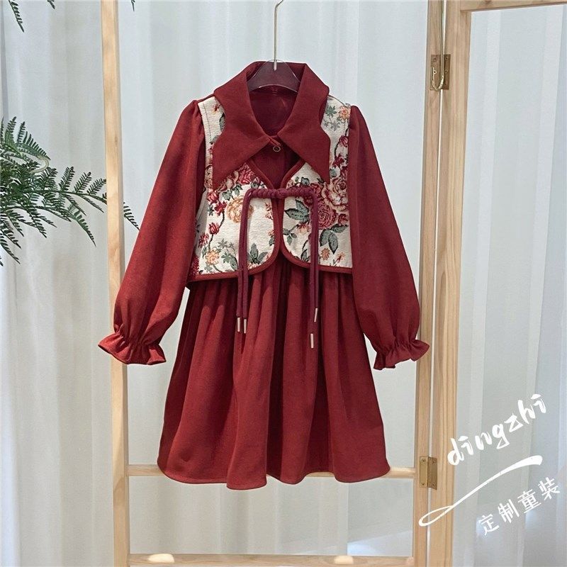 女童国风连衣裙儿童秋季新款复古时尚女孩民族风洋气假两件套裙子