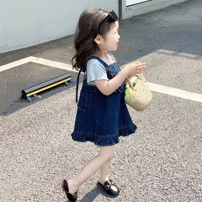 2023夏新款女童洋气超软牛仔背带裙薄时尚荷叶边公主裙纯棉T恤宝