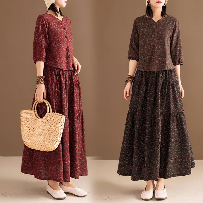 春夏新款文艺复古棉麻碎花女士上衣裙子两件套显瘦遮肚子宽松套装,女装/女士精品,时尚套装,淘宝优惠券,粉丝福利购,淘宝优惠卷
