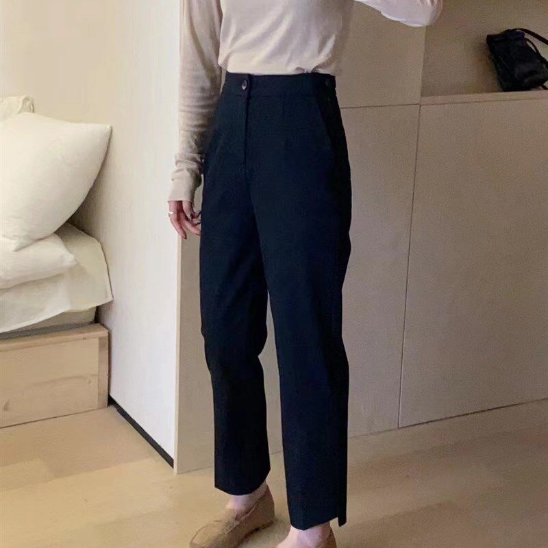 高腰黑色西装裤女恩爱真爱春秋韩版显瘦垂感九分烟管直筒裤休闲裤