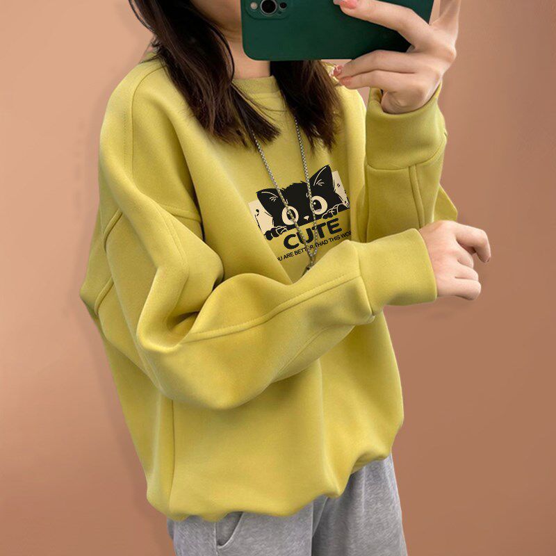 纯棉圆领卫衣女早春秋季2024新款宽松慵懒风薄款套头加绒打底衫潮