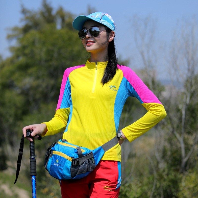 户外拼色速干衣女长袖t恤行山运动防嗮快L干衣爬山徒步登山上衣夏