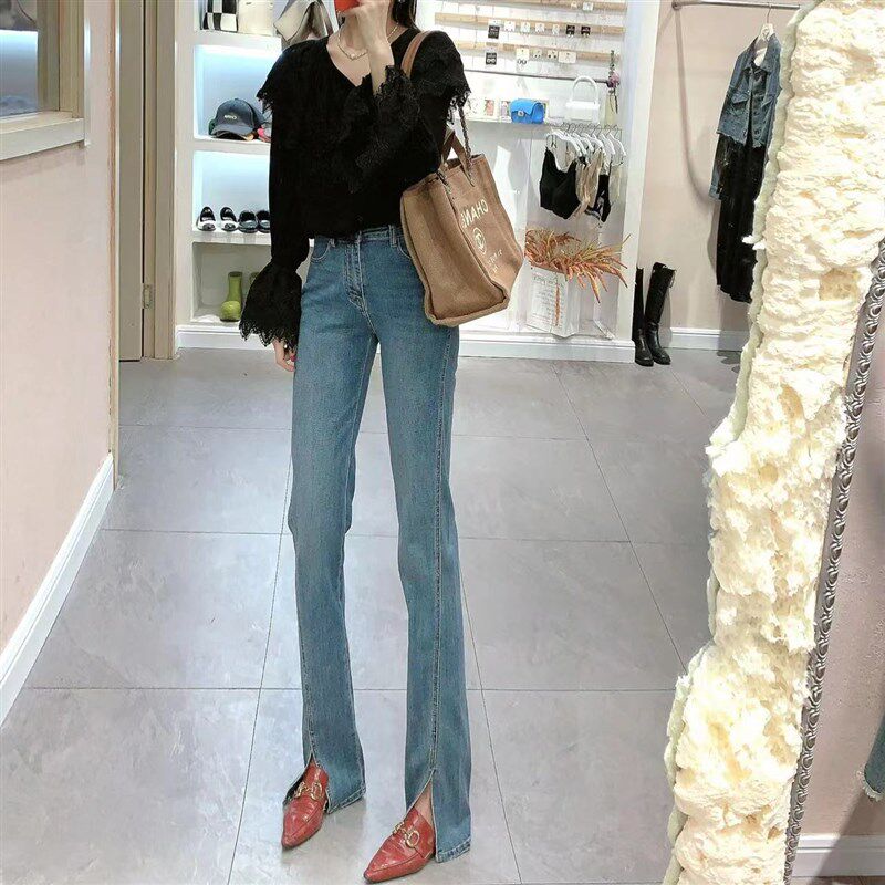 很靠谱浅蓝色开叉微喇牛仔裤女2023秋季新款高个子显高显瘦喇叭裤