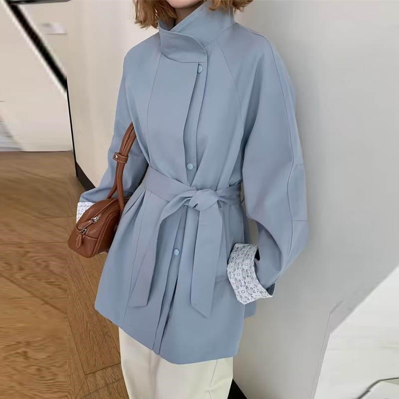 韩系简约百搭风衣女2025春季新款气质立领蕾丝宽松中长款收腰外套