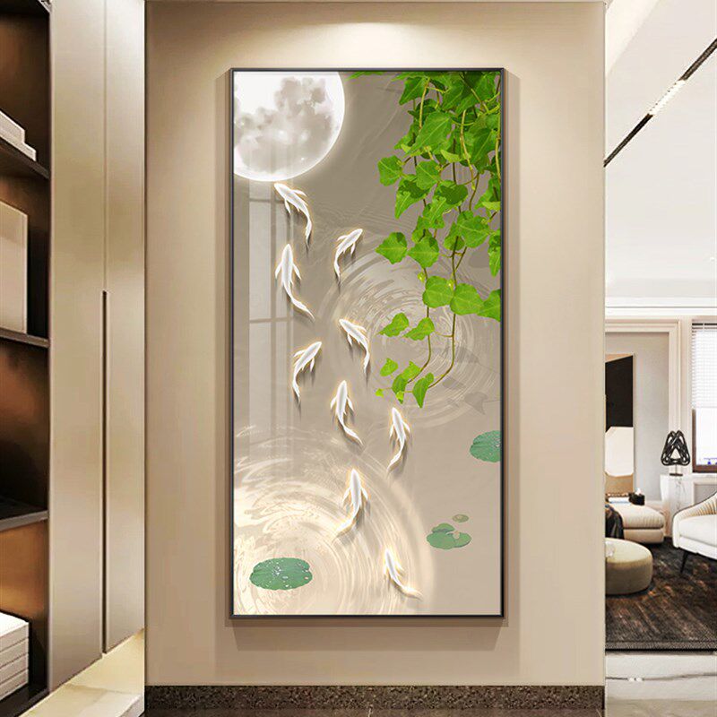大气玄关装饰画锦鲤聚福高档竖版绿植壁画客厅走廊过道九鱼图挂画