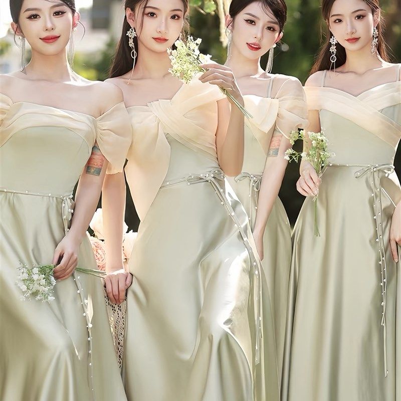 绿色缎面伴娘服2024新款姐妹团晚礼服裙大码婚礼小众高级感仙气质