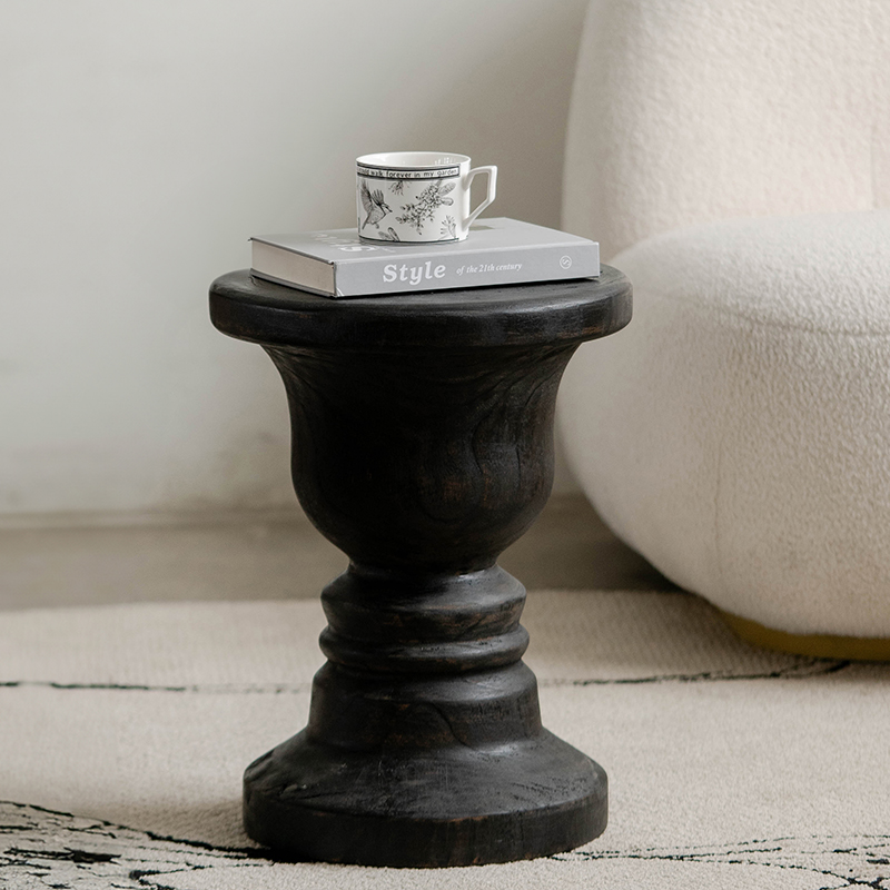 艺术感实木小边几侘寂风民宿客厅小凳子碳化黑色沙发圆形茶几