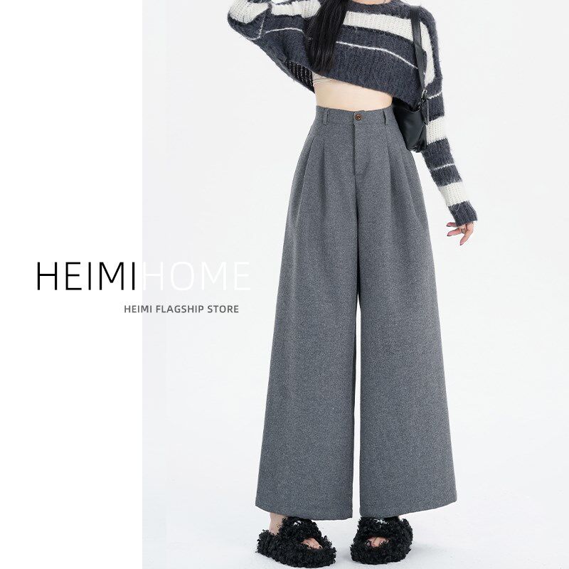 灰色毛呢阔腿裤女秋冬加厚高腰宽松垂感休闲裤小个子直筒西装裤潮