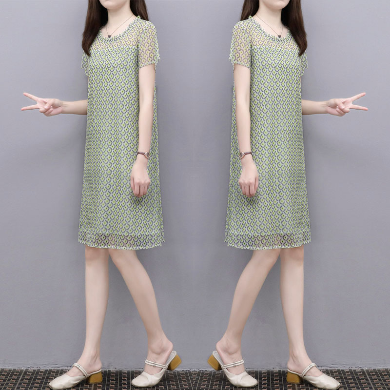 2021夏季新款时尚清新印花A字裙中长款宽松显瘦雪纺网纱连衣裙女