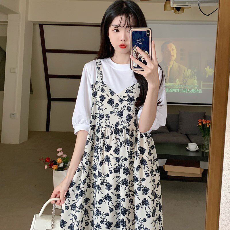 温柔风假两件孕妇背带连衣裙新款胖mm宽松遮肉不显怀碎花裙子夏天
