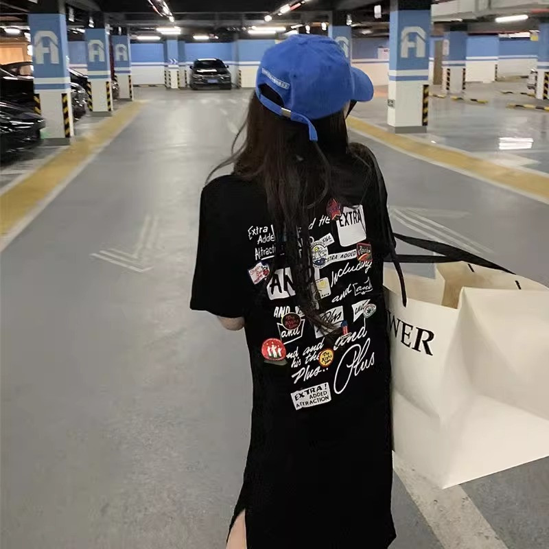 慵懒风复古印花短袖连衣裙女夏宽C松长款过膝懒人孕妇睡裙t恤裙子